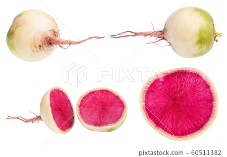 whole and cutted watermelon radishes isolated 60511382