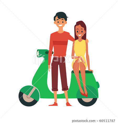 Young couple a man and a woman are standing and sitting next to a moped, motorcycle and motorbike. Young couple a man and a woman are standing and sitting next to a moped, motorcycle and motorbike. 60511787