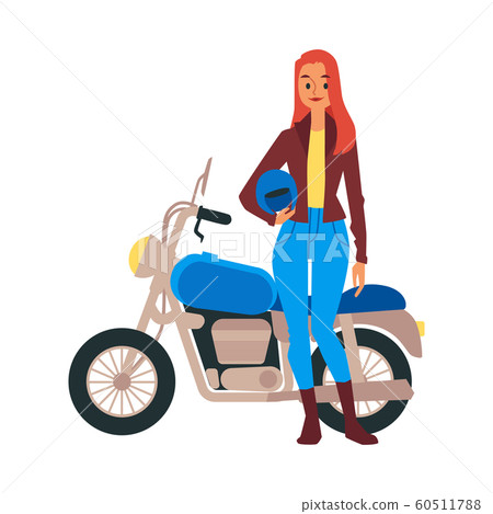 Beautiful young Caucasian red haired girl in jeans stands next to motorcycle. Beautiful young Caucasian red haired girl in jeans stands next to motorcycle. 60511788