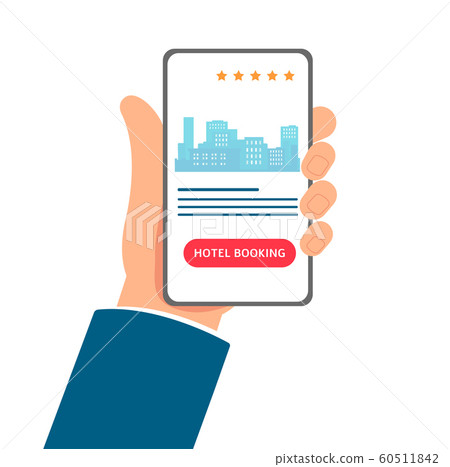 Hotel booking app - cartoon hand holding a phone with mobile app interface Hotel booking app - cartoon hand holding a phone with mobile app interface 60511842