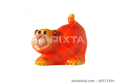 Image of ceramic piggy Bank tiger cub isolated on white background 60513304