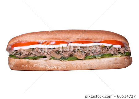 Sandwich isolated on white background. Hot toast with tuna, mozarella, tomatoes and cheese. Food Image for menu card, web design, site, shop, advertising or delivery.High quality retouch and isolation Sandwich isolated on white background. Hot toast with tuna, mozarella, tomatoes and cheese. Food Image for menu card, web design, site, shop, advertising or delivery.High quality retouch and isolation 60514727
