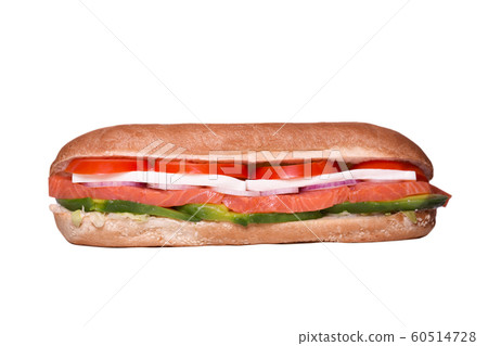 Sandwich isolated on white background. Hot toast with salmon, mozarella, tomatoes and cheese. Food Image for menu card, web design, site, shop, advertising or delivery.High quality retouch and Sandwich isolated on white background. Hot toast with salmon, mozarella, tomatoes and cheese. Food Image for menu card, web design, site, shop, advertising or delivery.High quality retouch and 60514728