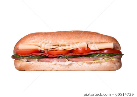 Sandwich isolated on white background. Hot toast with salmon, salami, tomatoes and cheese. Food Image for menu card, web design, site, shop, advertising or delivery.High quality retouch and isolation Sandwich isolated on white background. Hot toast with salmon, salami, tomatoes and cheese. Food Image for menu card, web design, site, shop, advertising or delivery.High quality retouch and isolation 60514729