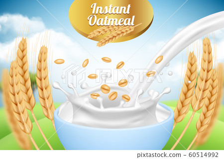 Oatmeal. Ad placard template with milk and wheat healthy organic food farm products packaging background template realistic 60514992