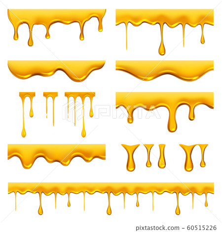 Honey dripped. Liquid golden oil or sauce food drops caramel splash and flowing vector realistic template 60515226