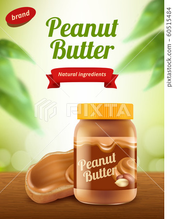 Peanut butter advertising. Creamy healthy sweet chocolate food placard or poster realistic banner template 60515484
