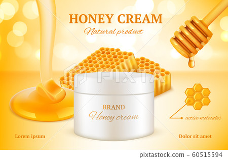 Honey cosmetics. Nature sweet golden skin care natural product advertising packages woman cosmetic honeycomb vector 60515594
