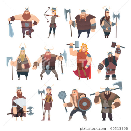 Viking cartoon. Scandinavian mythologyy characters norway costume vikings warrior male and female vector illustrations Viking cartoon. Scandinavian mythologyy characters norway costume vikings warrior male and female vector illustrations 60515596