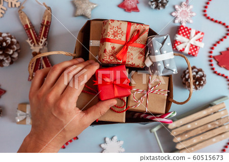 christmas wrapped paper gift boxes and decoration 60515673
