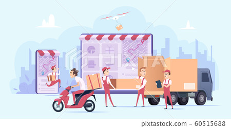 Online delivery. Fast digital shopping and urban courier transport service shipping gifts vector delivery concept illustration Online delivery. Fast digital shopping and urban courier transport service shipping gifts vector delivery concept illustration 60515688