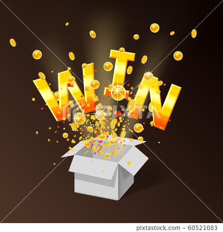 Open red White box WIN gold text with coins and confetti explosion inside. Flying particles foil burst. Lottery drawing advertising banner poster template. Vector illustration isolated 60521083