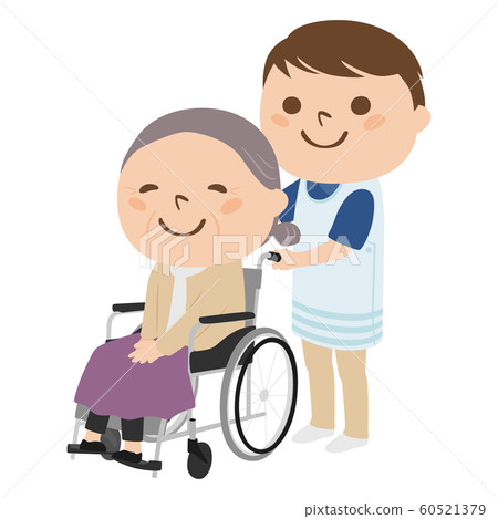 Illustration of a woman sitting in a wheelchair. A young man assisting an elderly person in a wheelchair. 60521379