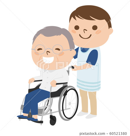 Illustration of a man sitting on a wheelchair. A young man assisting an elderly person in a wheelchair. 60521380