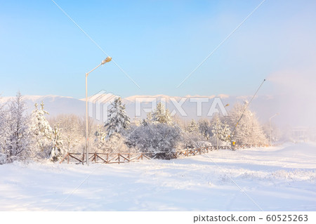 Winter forest, wooden fence, mountain peaks Winter forest, wooden fence, mountain peaks 60525263