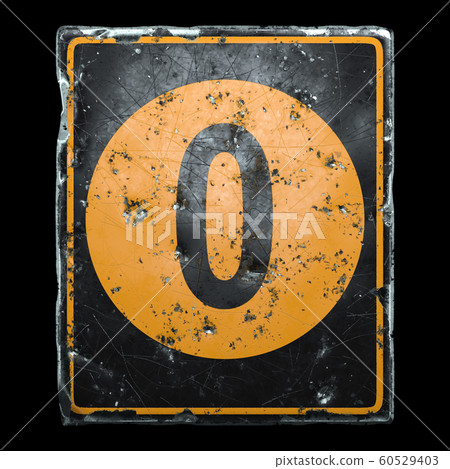 Public road sign orange and black color with a capital letter 0 in the center isolated on black background. 3d 60529403