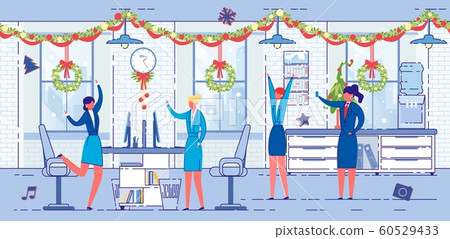 Cartoon Women at Christmas Party in Office Room 60529433