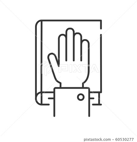 Give oath line black icon. Palm on Holy Bible. 60530277