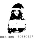 A child in a red hat with a New Year's gift in his hands. 60530527
