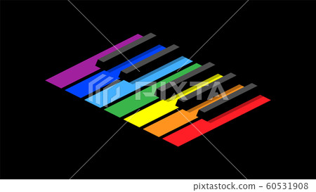 Piano keyboard in octave for icons, logo on a black background. Isometric style image. Seven colors of the rainbow on each key. Piano keyboard in octave for icons, logo on a black background. Isometric style image. Seven colors of the rainbow on each key. 60531908