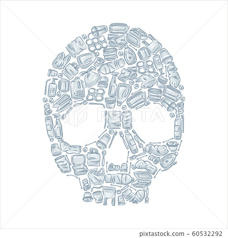 Say no to plastic pollution. Ecological poster. Scull composed of white plastic waste bag, bottle Say no to plastic pollution. Ecological poster. Scull composed of white plastic waste bag, bottle 60532292