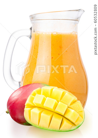 Mango banana smoothie juice jug, paths Stock Photo by maxsol7