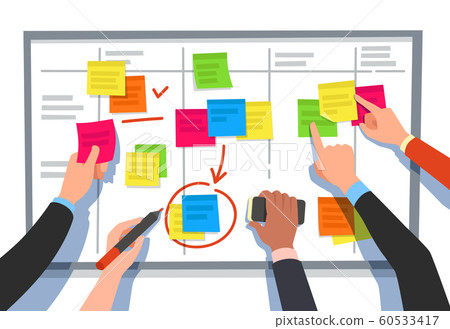 Scrum board. Task list, planning team tasks and collaboration plan flowchart. Business workflow scheme cartoon vector illustration Scrum board. Task list, planning team tasks and collaboration plan flowchart. Business workflow scheme cartoon vector illustration 60533417