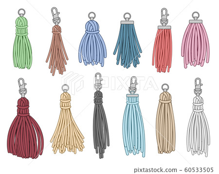 Tassels accessories. Leather fringe tassel trinket, handbag embelishments and fashion key chain isolated vector illustration 60533505