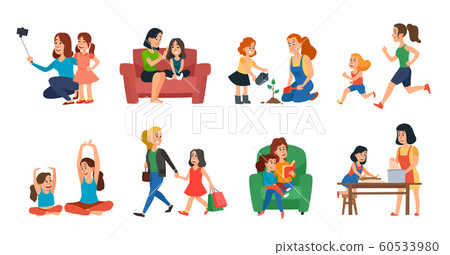 Motherhood concept. Mother and daughter family help, playing or hugging. Mothers day cartoon vector illustration set