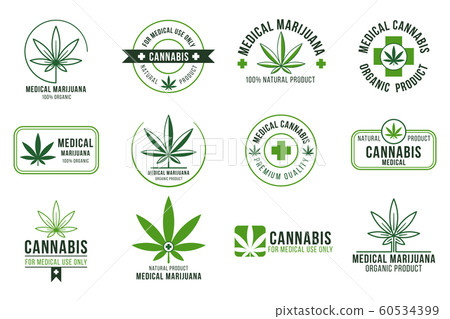 Cannabis label. Medical marijuana therapy, legal hemp plant and drug plants. Smoking weed badges isolated vector set Cannabis label. Medical marijuana therapy, legal hemp plant and drug plants. Smoking weed badges isolated vector set 60534399
