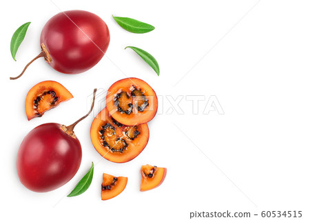 Fresh tamarillo fruit with leaves isolated on white background with copy space for your text. Top view. Flat lay Fresh tamarillo fruit with leaves isolated on white background with copy space for your text. Top view. Flat lay 60534515