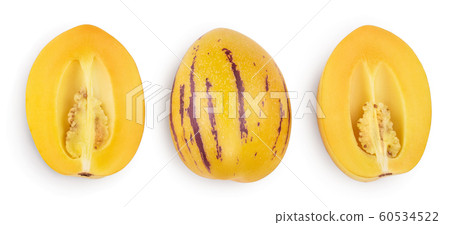 Fresh Pepino fruit with leaves isolated on white background. Top view, flat lay Fresh Pepino fruit with leaves isolated on white background. Top view, flat lay 60534522