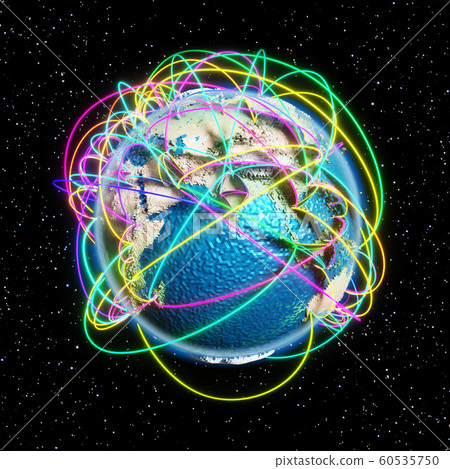 Cartoon stylized Earth with colorful glowing line 60535750