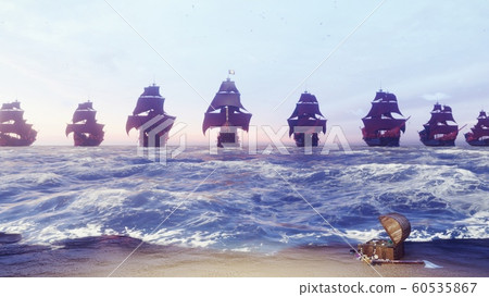 Medieval pirate ships docked at a sandy island in the vast blue ocean. The concept of sea adventures in the Middle ages. 3D rendering 60535867