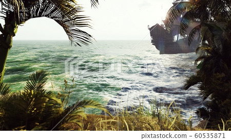 Medieval ship sails past the tropical island. The concept of sea adventures in the Middle ages. 3D rendering Medieval ship sails past the tropical island. The concept of sea adventures in the Middle ages. 3D rendering 60535871