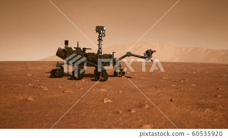 A Rover during a dust storm on the red planet. Curiosity Rover on Mars. 3D Rendering A Rover during a dust storm on the red planet. Curiosity Rover on Mars. 3D Rendering 60535920