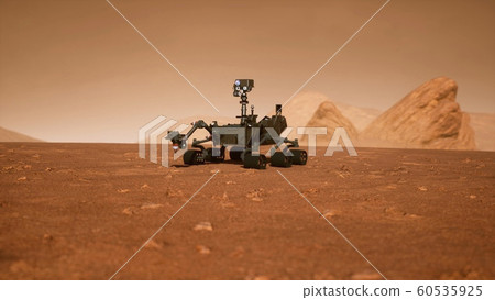 A Rover during a dust storm on the red planet. Curiosity Rover on Mars. 3D Rendering 60535925