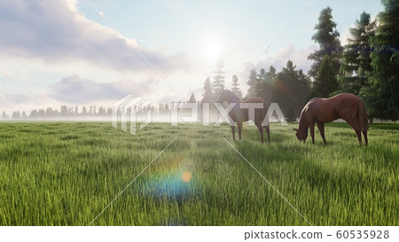 Beautiful wild horses graze in the meadow at dawn. The concept of horses. 3D Rendering Beautiful wild horses graze in the meadow at dawn. The concept of horses. 3D Rendering 60535928
