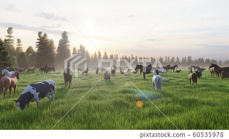 Animal farm. Grazing on a green meadow animals. Farm with Pets. Animal husbandry and nature. 3D Rendering Animal farm. Grazing on a green meadow animals. Farm with Pets. Animal husbandry and nature. 3D Rendering 60535978