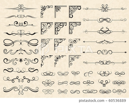 Calligraphic borders and corners. Ornamental frames floral ornate elements for wedding cards vector classic templates collection Calligraphic borders and corners. Ornamental frames floral ornate elements for wedding cards vector classic templates collection 60536889