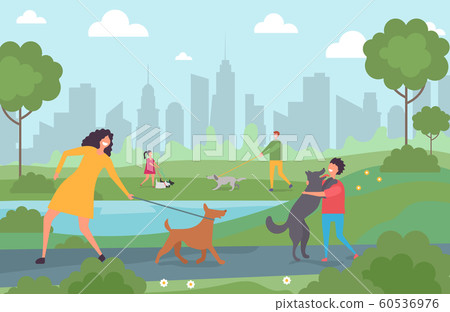 Happy people walking with dogs in the city park. Cartoon character adults and kids with pets vector illustration