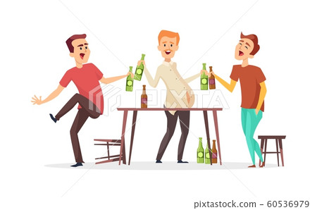 Men drink beer. Drunk friends characters. Vector Oktoberfest beer party illustration. Male friends in bar or pub 60536979