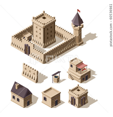 Castles isometric. Medieval historical cartoon architecture buildings ancient farm houses vector castles 60536981