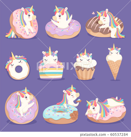 Unicorn donuts. Cute face and characters of magic rose little pony unicorn with cakes donuts ice cream vector dessert pictures Unicorn donuts. Cute face and characters of magic rose little pony unicorn with cakes donuts ice cream vector dessert pictures 60537284