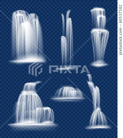 Waterfall flowing. Fresh clean and transparent water cascade falls splashes and drops vector nature realistic collection 60537382