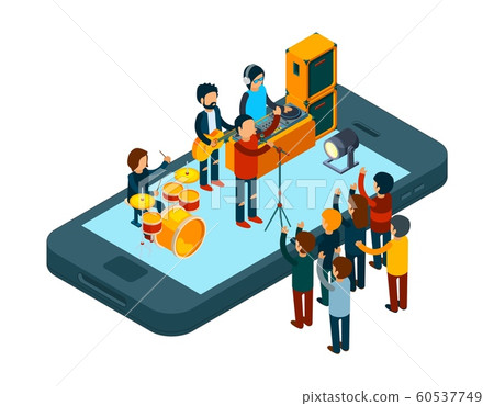 Online music concept. Music app for smartphone. Isometric online concert vector illustration Online music concept. Music app for smartphone. Isometric online concert vector illustration 60537749