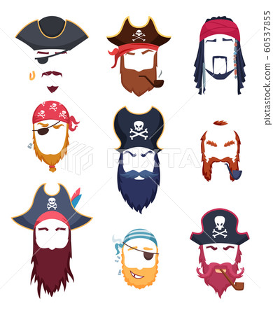 Pirate masks. Carnival costumes element mustache hat beard hook hair vector creation kit Pirate masks. Carnival costumes element mustache hat beard hook hair vector creation kit 60537855