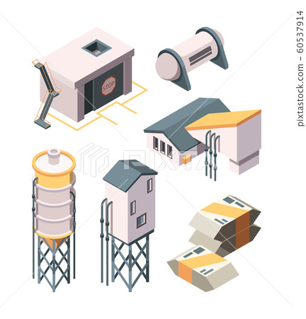 Cement production. Heavy industry concrete transport mixer and tanks vector isometric collection Cement production. Heavy industry concrete transport mixer and tanks vector isometric collection 60537914