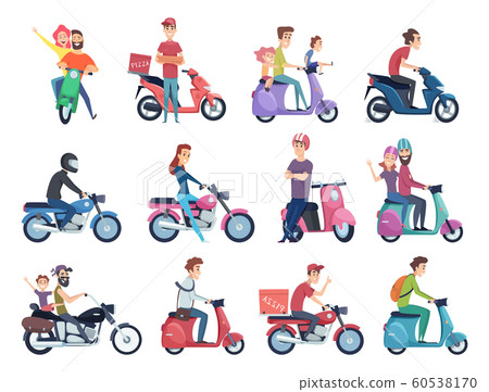 Motorcycle riders. Male and female drivers in helmet on bike fast courier characters vector pictures collection Motorcycle riders. Male and female drivers in helmet on bike fast courier characters vector pictures collection 60538170