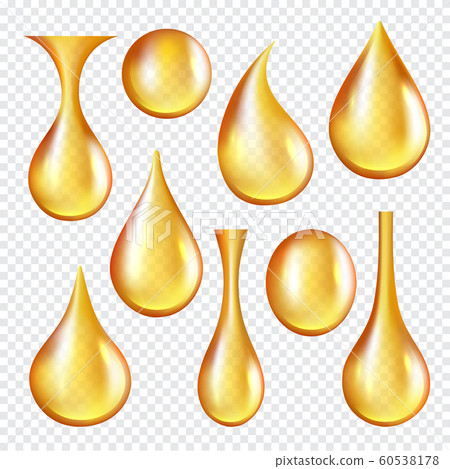 Oil transparent drops. Yellow liquid golden oil vector realistic collection of splashes Oil transparent drops. Yellow liquid golden oil vector realistic collection of splashes 60538178
